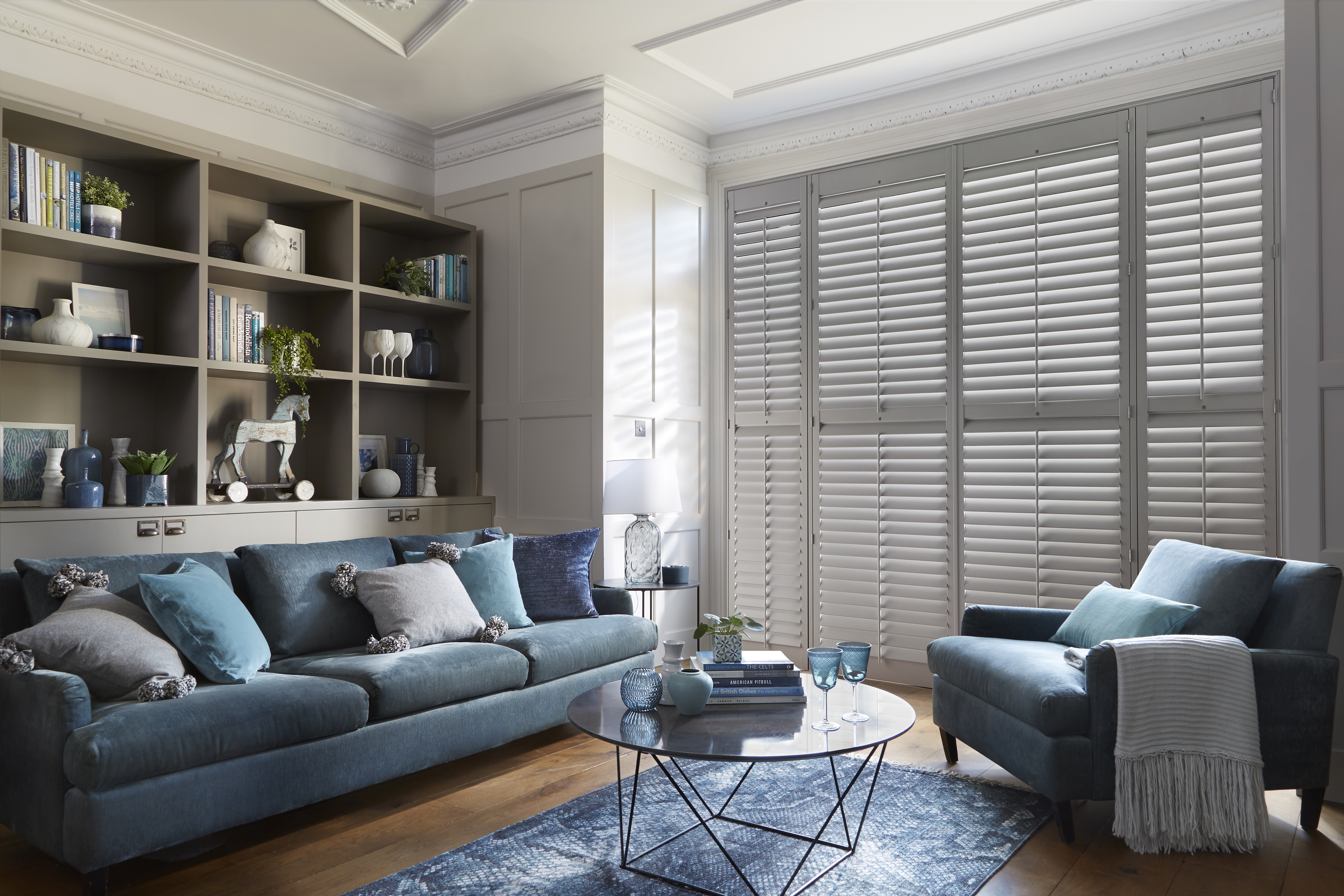 Tracked shutters in Sea Mist