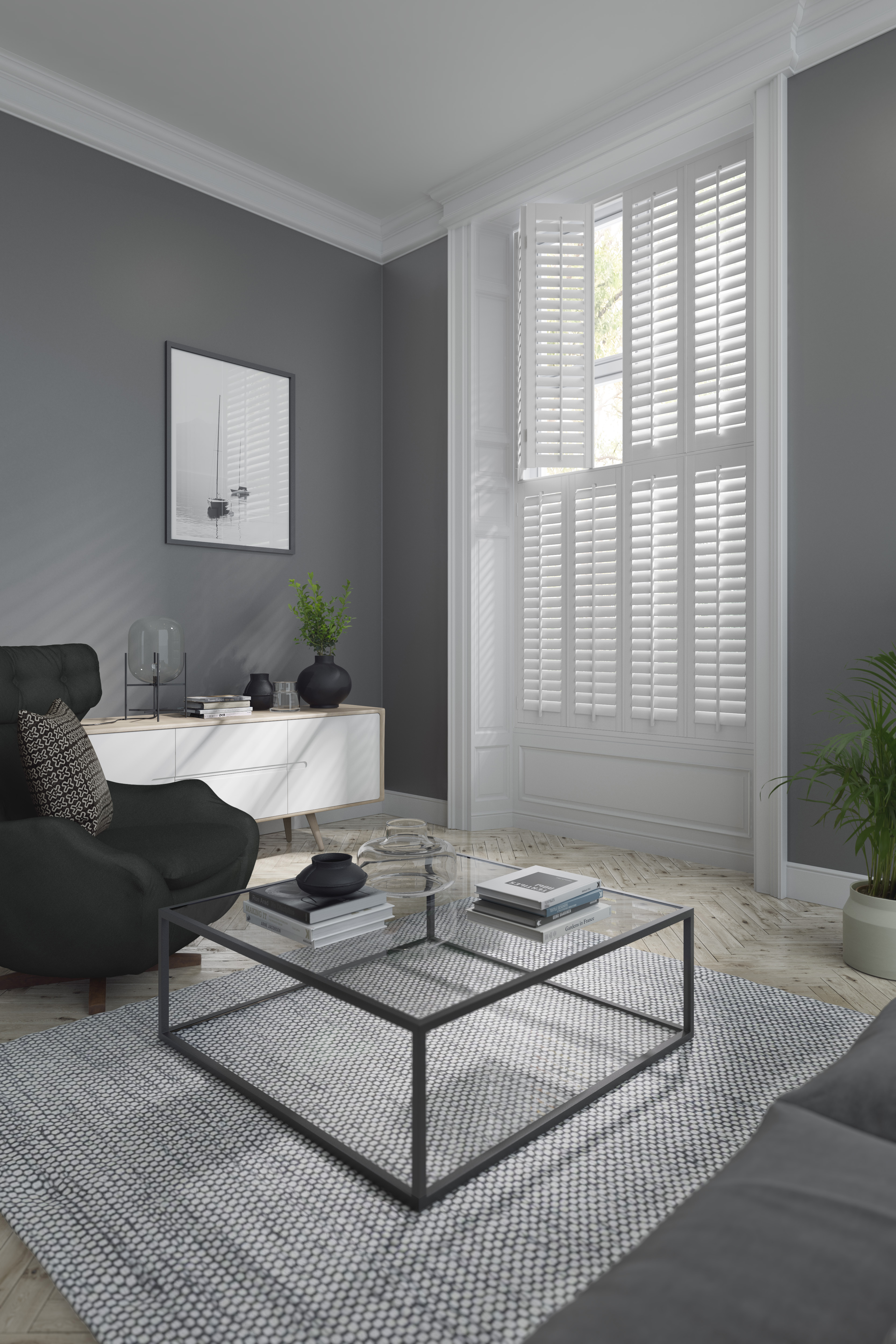 Tier-on-tier shutters in a bright interior