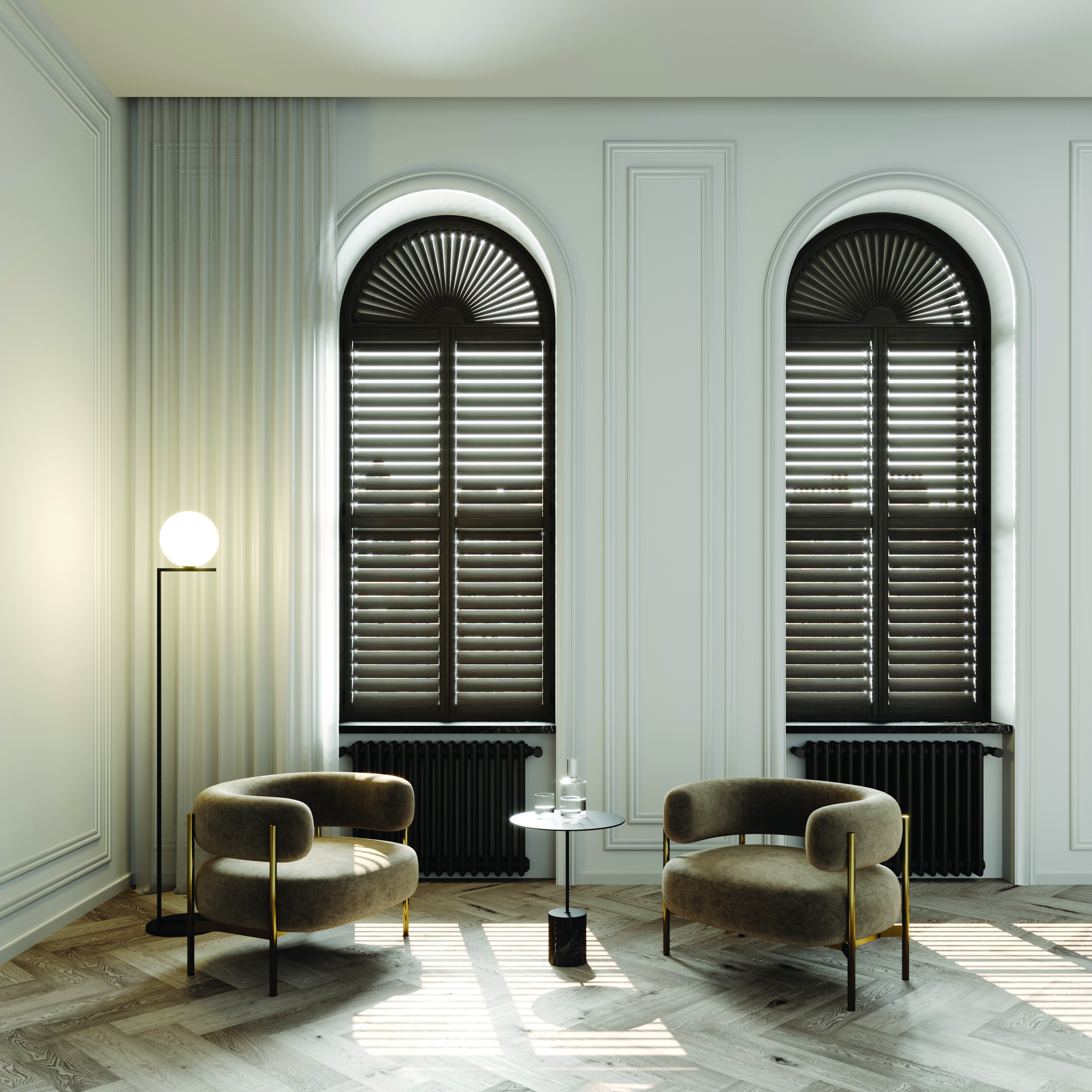 Arched shutters in an American Walnut finish